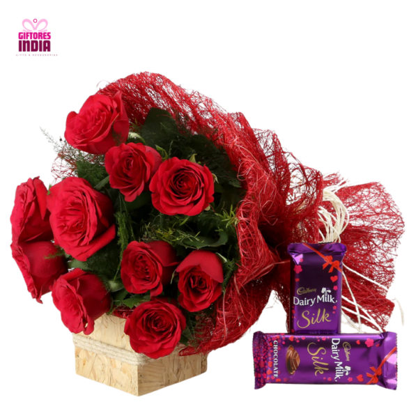 10 Red Roses Bunch in Red Paper with Temptation Chocolates