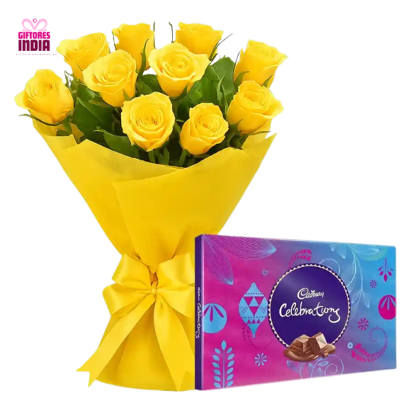 10 Yellow Rose Flowers with Cadbury Celebration Pack