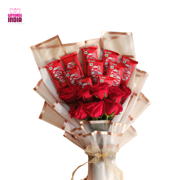 Bouquet of Roses wrapped in White Sheet with KitKat