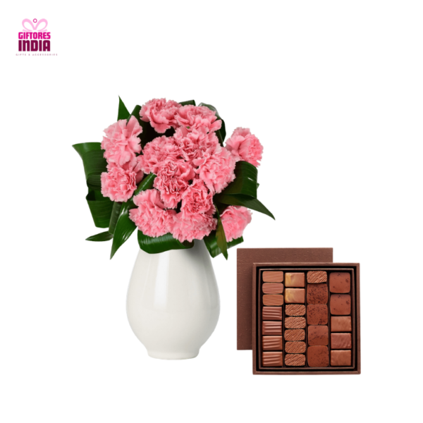 Carnation Flowers with Chocolates in Vase