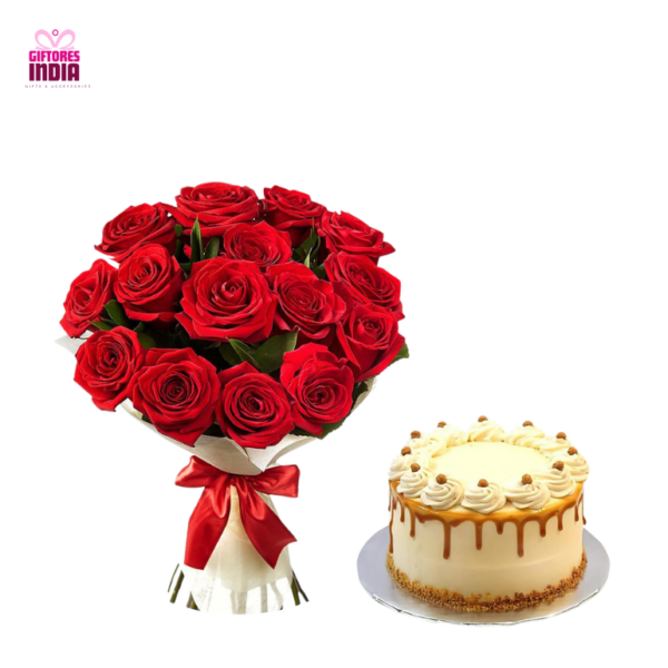 15 Red Roses and 1 Kg Butterscotch Cake
