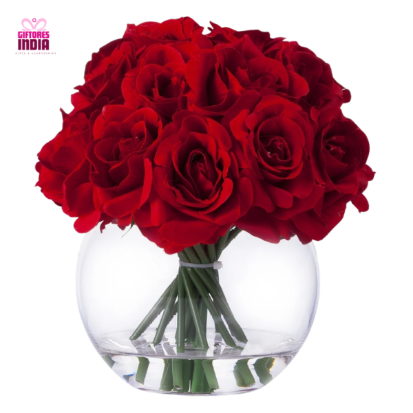 15 Red Roses in a Round Glass Vase