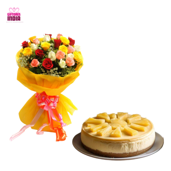 Mix Rose Bouquet with Pineapple Cake