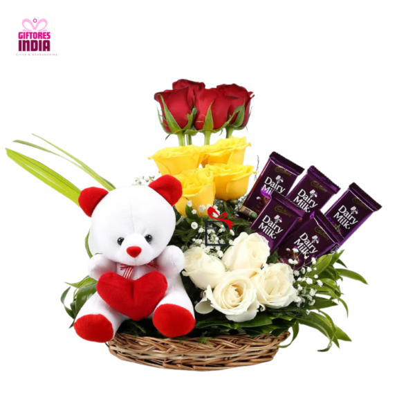 Mixed Roses Bouquet with Teddy Bear N Chocolates for Valentines Day
