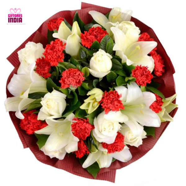 Red Carnations & White Roses Flower Bouquet