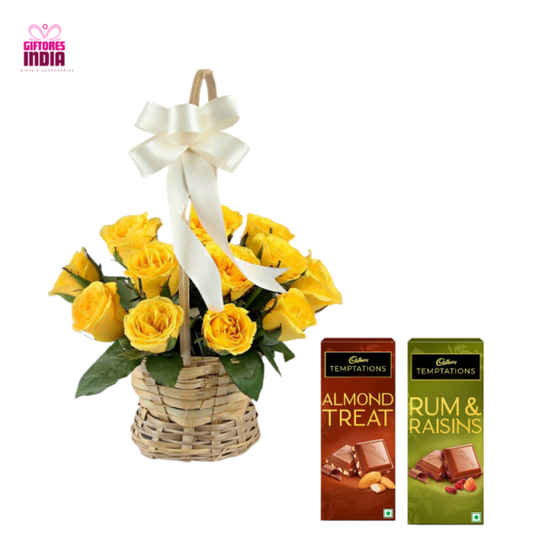 10 Yellow Roses in Basket with Cadbury Temptations