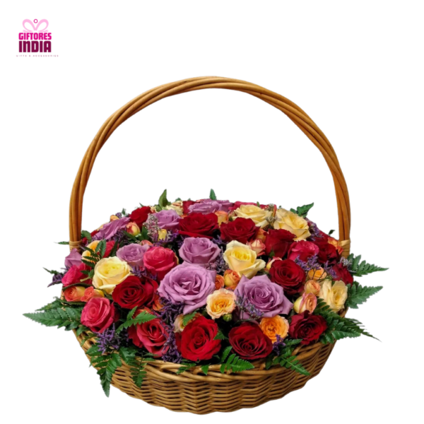 Yellow N Red Roses in Basket Arrangement